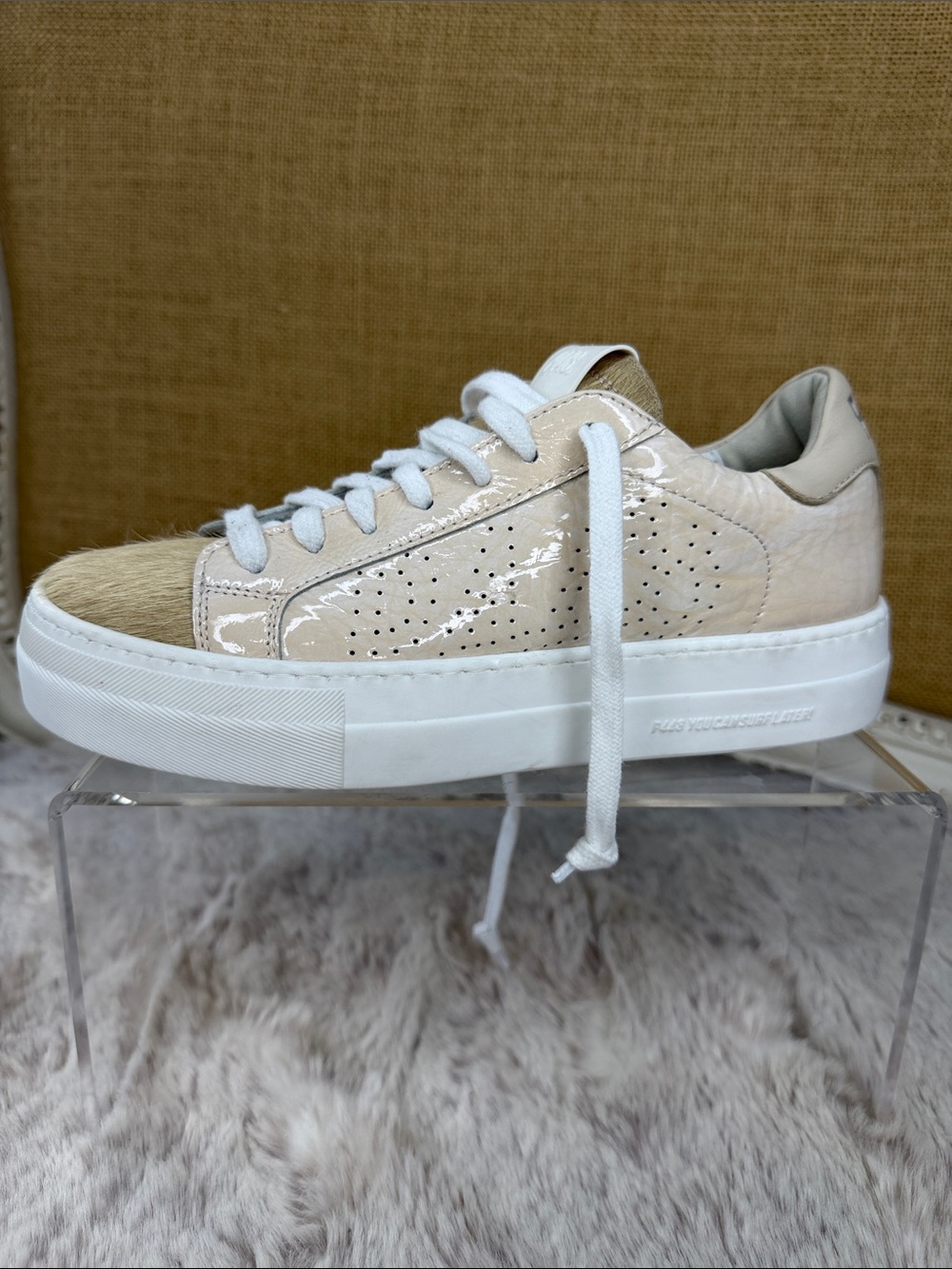 P448 | Thea Platform Patent Leather Low-Top  Sneakers Calf Hair Tongue, Size 36